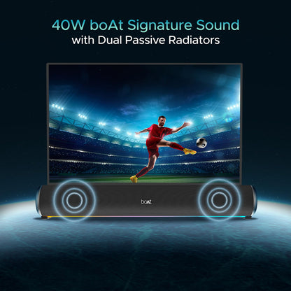 boAt Aavante Bar 490 10W Signature Sound, Dual Full-Range Drivers,7 HRS Battery, Built-in Mic,2.0 CH, Free Music Streaming on JioSaavn, Bluetooth Sound Bar, Soundbar Speaker (Classic Black)