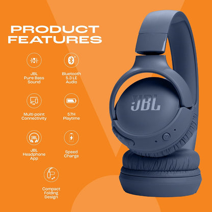 JBL Tune 520BT Wireless On Ear Headphones with Mic, Upto 57H Battery, Speed Charge : 5 Min Charge Gives Up to 3H of Playback, Multipoint Connect, Customizable Bass with Headphones App, BT 5.3 (Black)