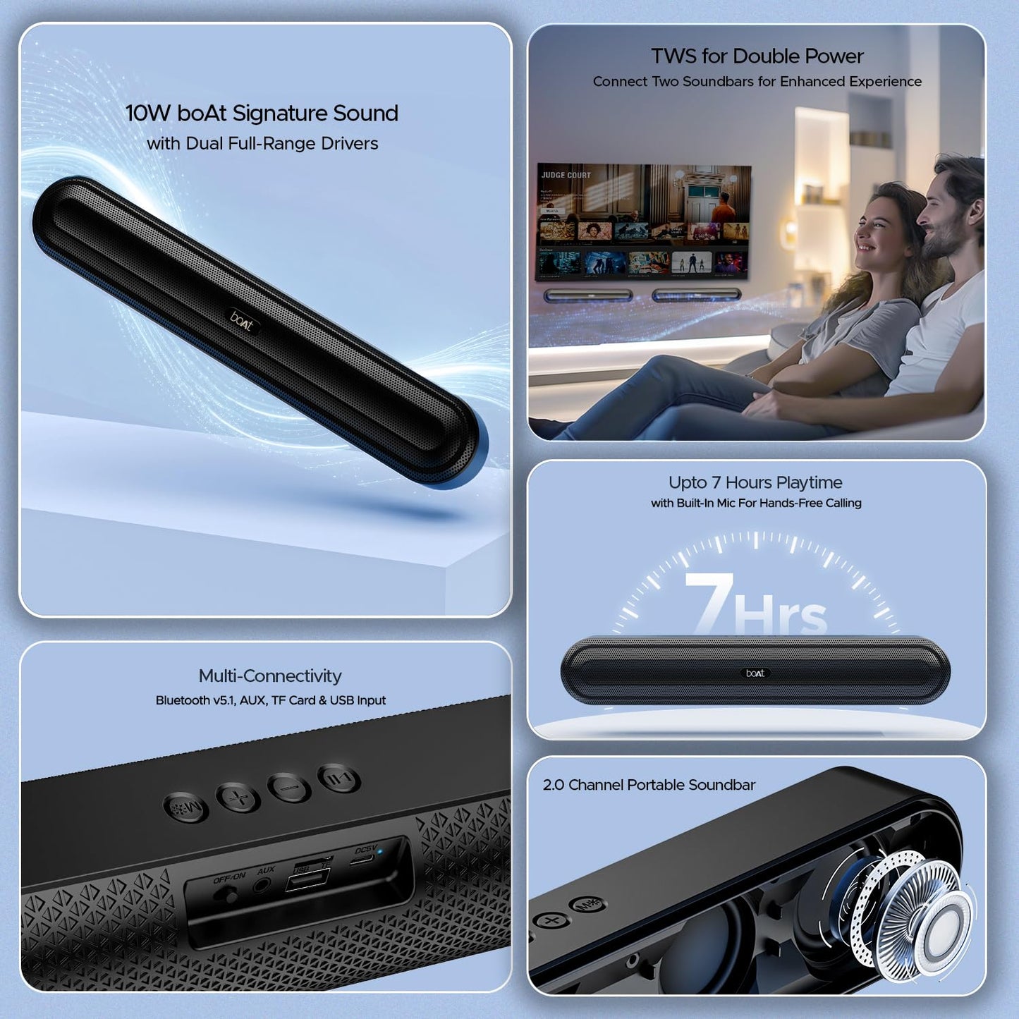 boAt Aavante Bar 490 10W Signature Sound, Dual Full-Range Drivers,7 HRS Battery, Built-in Mic,2.0 CH, Free Music Streaming on JioSaavn, Bluetooth Sound Bar, Soundbar Speaker (Classic Black)