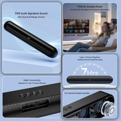 boAt Aavante Bar 490 10W Signature Sound, Dual Full-Range Drivers,7 HRS Battery, Built-in Mic,2.0 CH, Free Music Streaming on JioSaavn, Bluetooth Sound Bar, Soundbar Speaker (Classic Black)