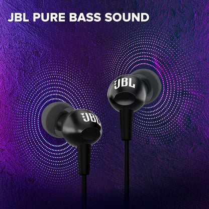 JBL C100SI Wired In Ear Headphones With Mic, Pure Bass Sound, One Button Multi-Function Remote, Premium Metallic Finish, Angled Buds For Comfort Fit (Black)