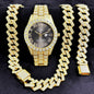 [Bross-Border Hot Item] 16-Piece Set of Various Diamond-Encrusted Watches, Diamond-Shaped Cuban Bracelets and Necklaces, Three-Piece Set