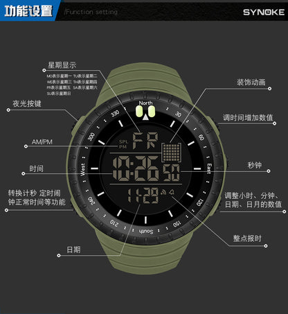 Factory Product Synoke Sports Electronic Watch Outdoor Mountaineering Multi-Functional Luminous Waterproof Large Dial Fashionable Commuter Watch