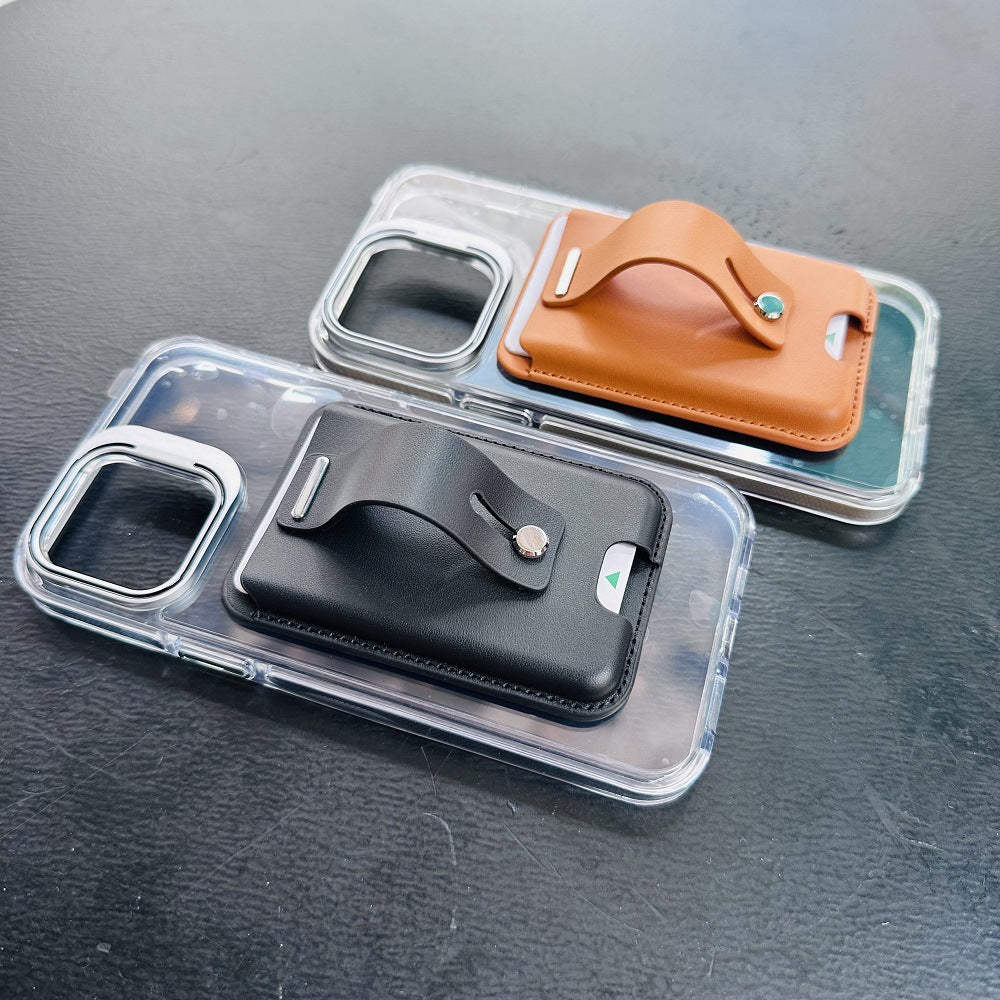 Foreign Trade Factory Strong Magnetic Leather Apple Magnetic Card Holder Card Case Mobile Phone Ring Holder Stand in Stock, Can Be Customized with Logo