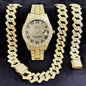 [Bross-Border Hot Item] 16-Piece Set of Various Diamond-Encrusted Watches, Diamond-Shaped Cuban Bracelets and Necklaces, Three-Piece Set