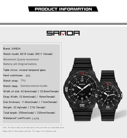 Sanda Watch Fashion All-match Small Fresh Men's and Women's Couple Watch Middle School Students' Simple Waterproof Luminous Quartz Watch
