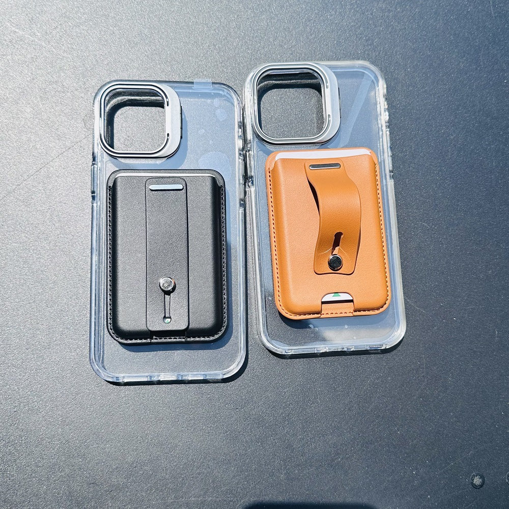 Foreign Trade Factory Strong Magnetic Leather Apple Magnetic Card Holder Card Case Mobile Phone Ring Holder Stand in Stock, Can Be Customized with Logo