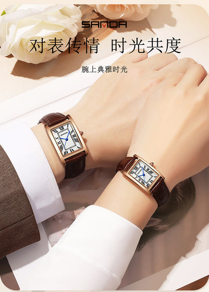 Sanda Live Hot Couple Watch Vintage Square Quartz Watch Waterproof Roman Scale Men's and Women's Watches