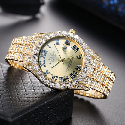 [Bross-Border Hot Item] 16-Piece Set of Various Diamond-Encrusted Watches, Diamond-Shaped Cuban Bracelets and Necklaces, Three-Piece Set