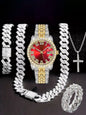 Hiphop Hip Hop Diamond Watch Five-Piece Diamond Cuban Chain Cross Necklace Cuban Ring Cross Border Wholesale