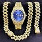 [Bross-Border Hot Item] 16-Piece Set of Various Diamond-Encrusted Watches, Diamond-Shaped Cuban Bracelets and Necklaces, Three-Piece Set