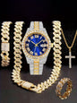 Hiphop Hip Hop Diamond Watch Five-Piece Diamond Cuban Chain Cross Necklace Cuban Ring Cross Border Wholesale