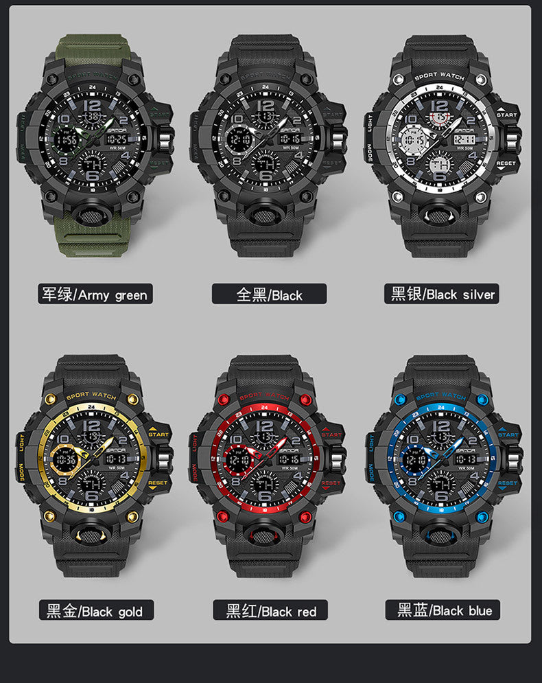 Sanda Hot-Selling Watch Korean Version Student Party Multi-Functional Waterproof Alarm Clock Electronic Watch Cool Dual Display Luminous Sports Watch