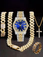 Hiphop Hip Hop Diamond Watch Five-Piece Diamond Cuban Chain Cross Necklace Cuban Ring Cross Border Wholesale