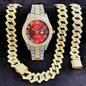 [Bross-Border Hot Item] 16-Piece Set of Various Diamond-Encrusted Watches, Diamond-Shaped Cuban Bracelets and Necklaces, Three-Piece Set