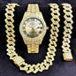 [Bross-Border Hot Item] 16-Piece Set of Various Diamond-Encrusted Watches, Diamond-Shaped Cuban Bracelets and Necklaces, Three-Piece Set