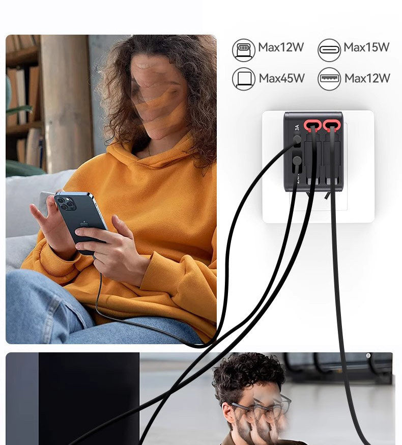2025 New Car Charger Super Fast Charging 45W Three-In-One Pd Suitable for Apple and Huawei Retractable Cable Flash Charging