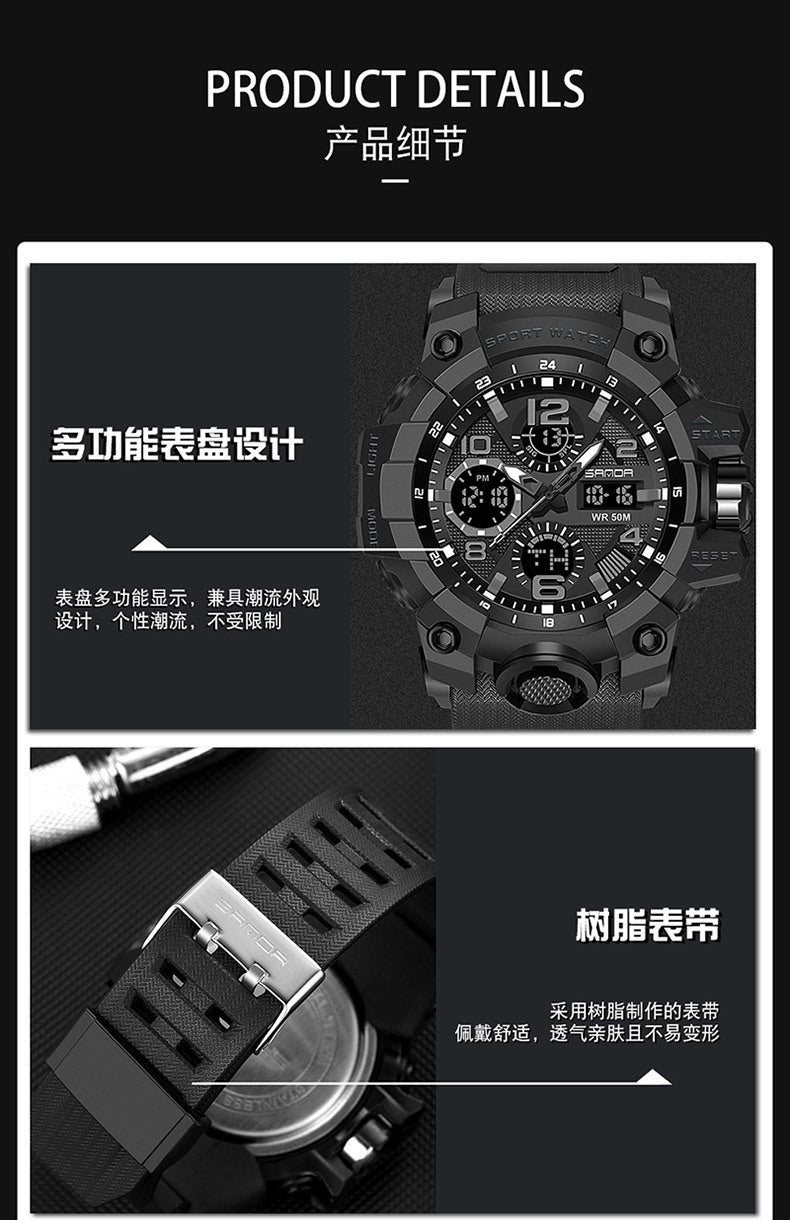 Sanda Hot-Selling Watch Korean Version Student Party Multi-Functional Waterproof Alarm Clock Electronic Watch Cool Dual Display Luminous Sports Watch