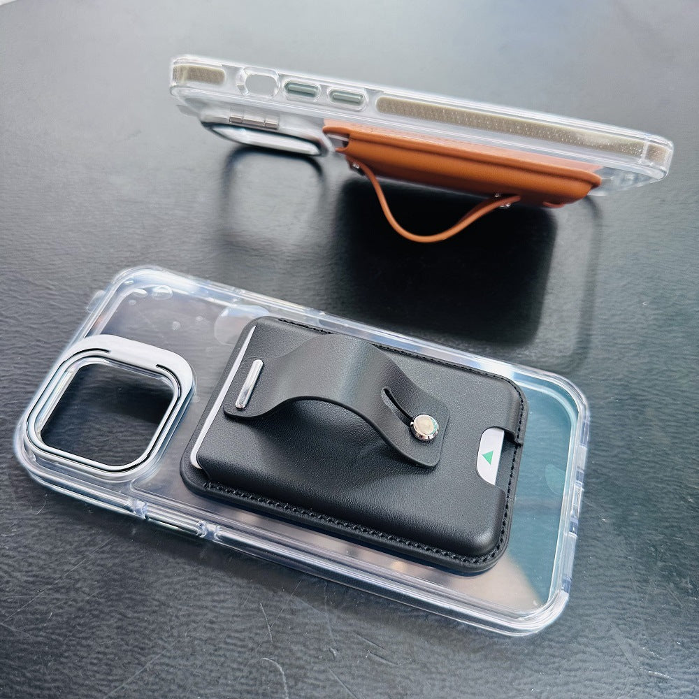 Foreign Trade Factory Strong Magnetic Leather Apple Magnetic Card Holder Card Case Mobile Phone Ring Holder Stand in Stock, Can Be Customized with Logo