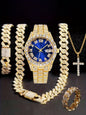 Hiphop Hip Hop Diamond Watch Five-Piece Diamond Cuban Chain Cross Necklace Cuban Ring Cross Border Wholesale