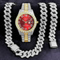 [Bross-Border Hot Item] 16-Piece Set of Various Diamond-Encrusted Watches, Diamond-Shaped Cuban Bracelets and Necklaces, Three-Piece Set