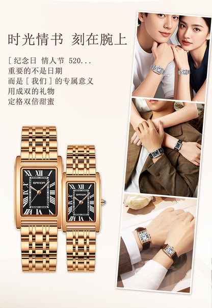 Sanda Live Hot Couple Watch Vintage Square Quartz Watch Waterproof Roman Scale Men's and Women's Watches