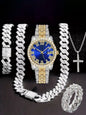Hiphop Hip Hop Diamond Watch Five-Piece Diamond Cuban Chain Cross Necklace Cuban Ring Cross Border Wholesale