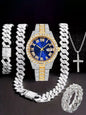 Hiphop Hip Hop Diamond Watch Five-Piece Diamond Cuban Chain Cross Necklace Cuban Ring Cross Border Wholesale