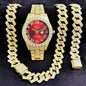 [Bross-Border Hot Item] 16-Piece Set of Various Diamond-Encrusted Watches, Diamond-Shaped Cuban Bracelets and Necklaces, Three-Piece Set