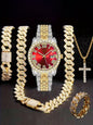 Hiphop Hip Hop Diamond Watch Five-Piece Diamond Cuban Chain Cross Necklace Cuban Ring Cross Border Wholesale