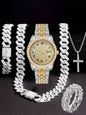 Hiphop Hip Hop Diamond Watch Five-Piece Diamond Cuban Chain Cross Necklace Cuban Ring Cross Border Wholesale